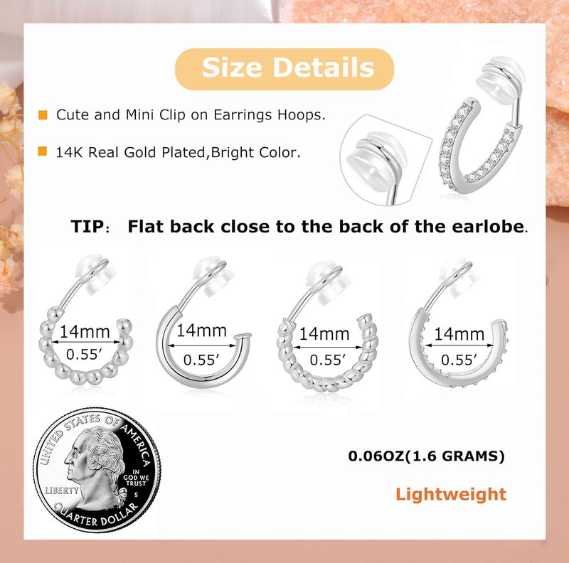 PLOMFOV Clip On Hoop Earrings for Women 14K Gold Plated Non Pierced Earrings Clip On Hoops Small No Piercing Fake Hoop Earrings 14mm - Image 3